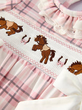 Western Horse Embroidered Smocked Pink Plaid Romper