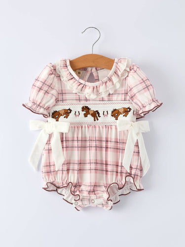 Western Horse Embroidered Smocked Pink Plaid Romper