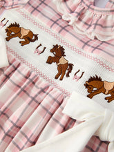 Western Horse Embroidered Smocked Pink Plaid Dress