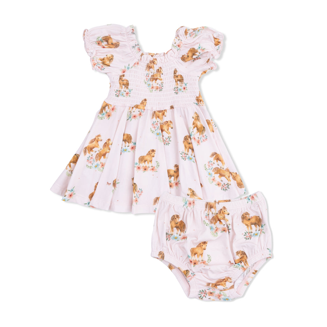 Smocked Pink Ponies Twirly Dress & Bloomer Set